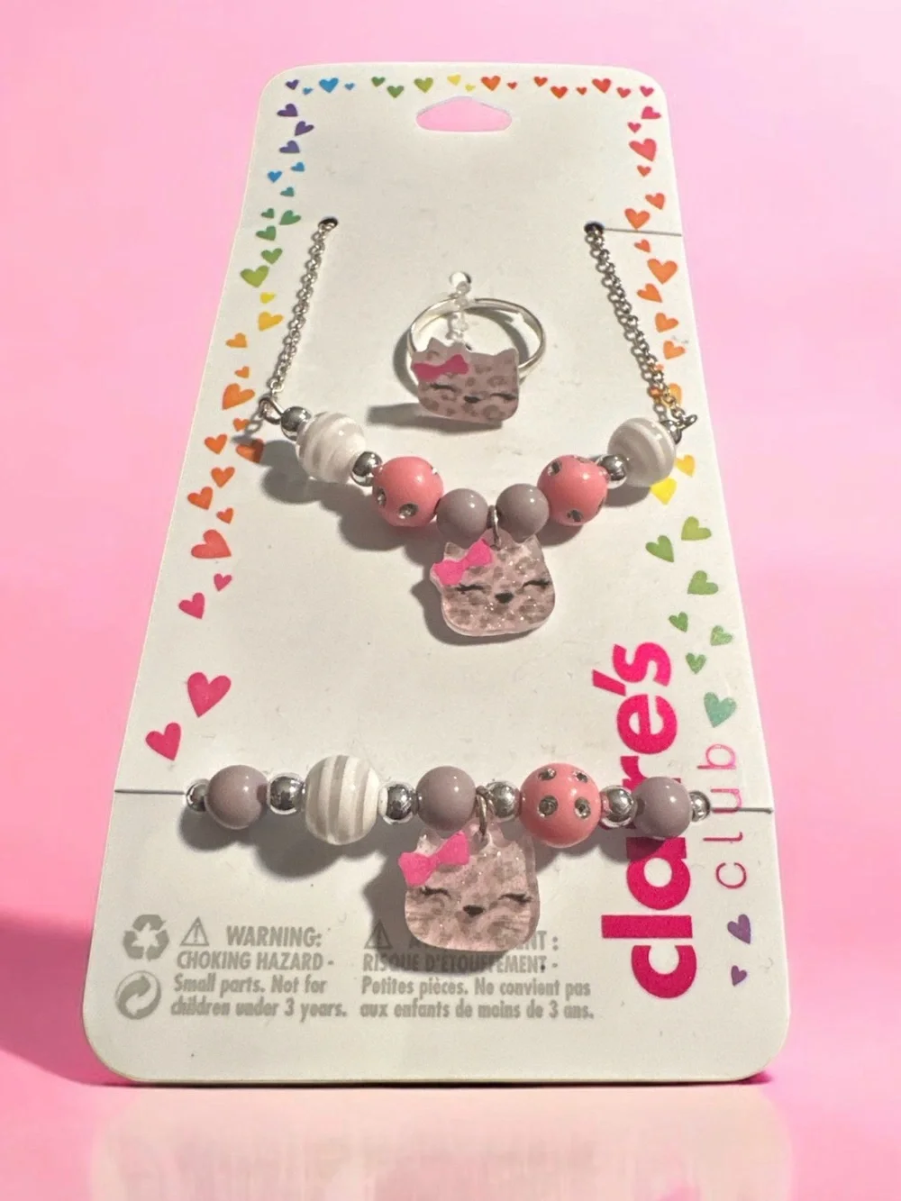 Claire's Pink Beaded Kids Jewelry Set - Necklace, Bracelet & Ring 809